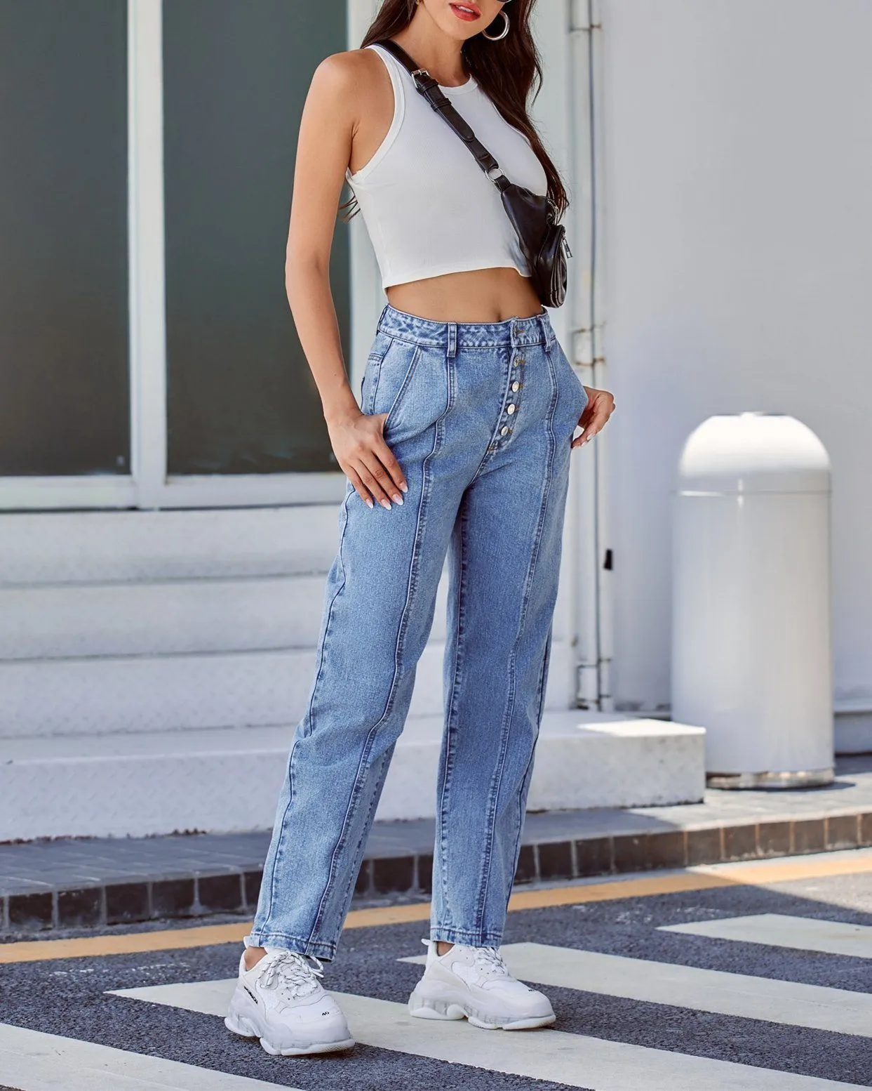 High Rise Buttoned Straight Denim Pant