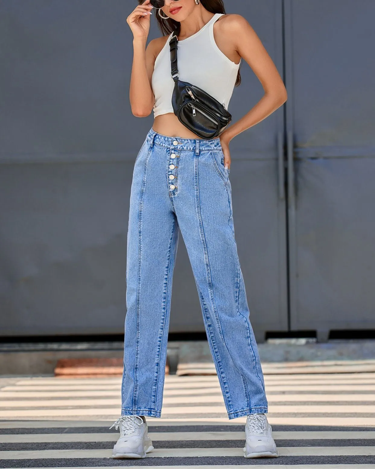 High Rise Buttoned Straight Denim Pant