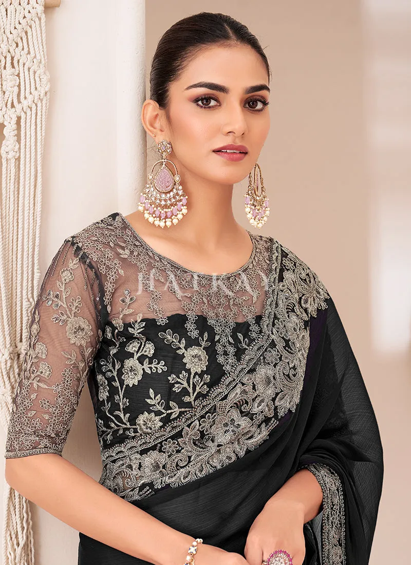 Ink Black Embroidery Georgette Saree