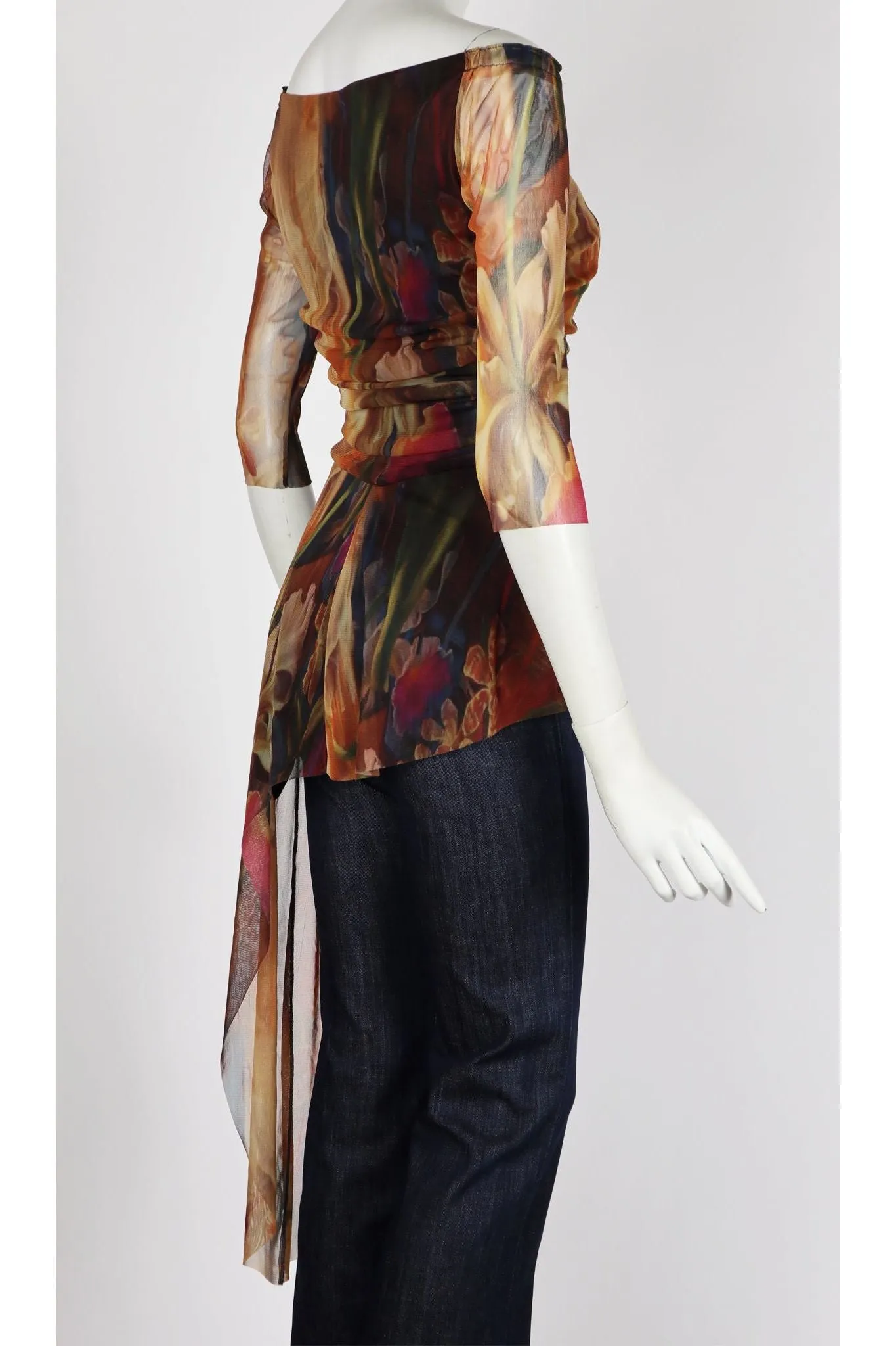 IONNA Off Shoulder Sheer Sleeve Side Overlay Tunic Print Top