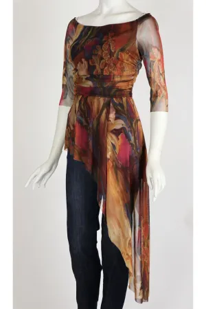 IONNA Off Shoulder Sheer Sleeve Side Overlay Tunic Print Top