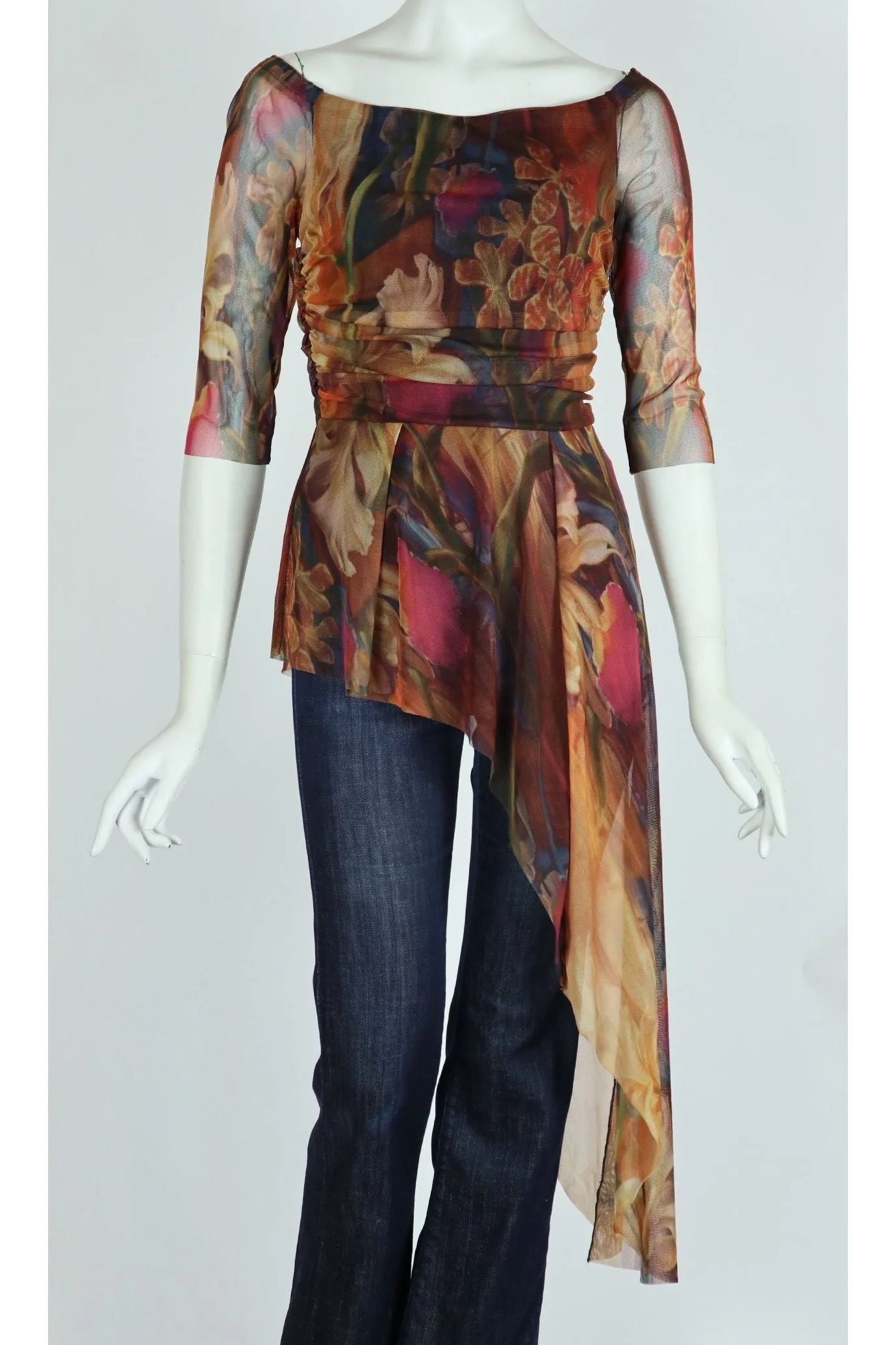 IONNA Off Shoulder Sheer Sleeve Side Overlay Tunic Print Top