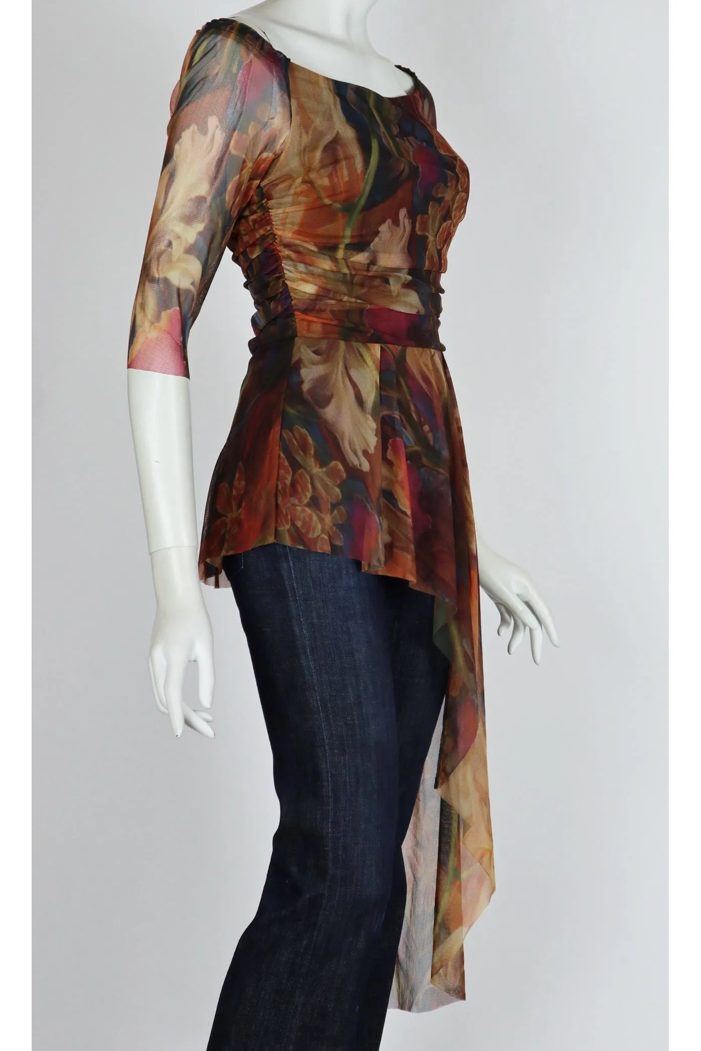 IONNA Off Shoulder Sheer Sleeve Side Overlay Tunic Print Top