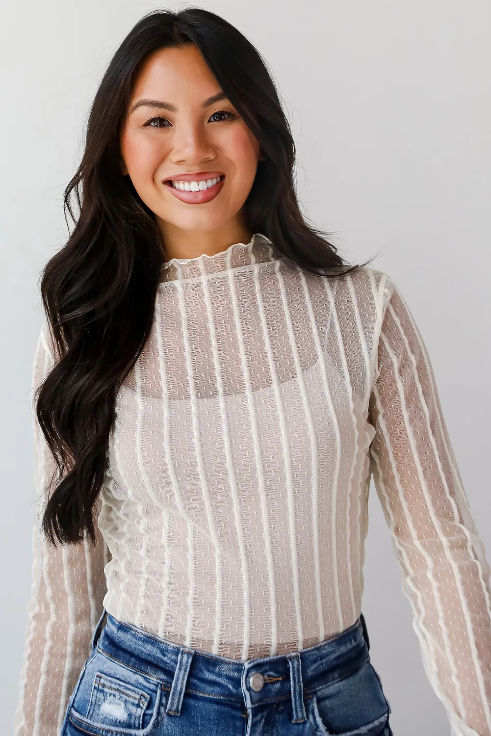 Jet Stream Lace Vertical Stripe Long Sleeve Mock Neck Sheer Blouse