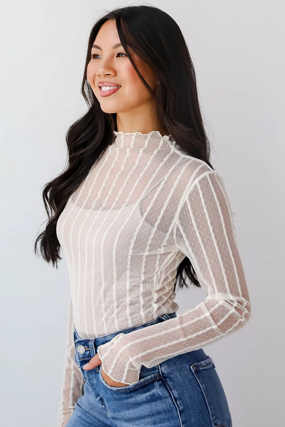 Jet Stream Lace Vertical Stripe Long Sleeve Mock Neck Sheer Blouse