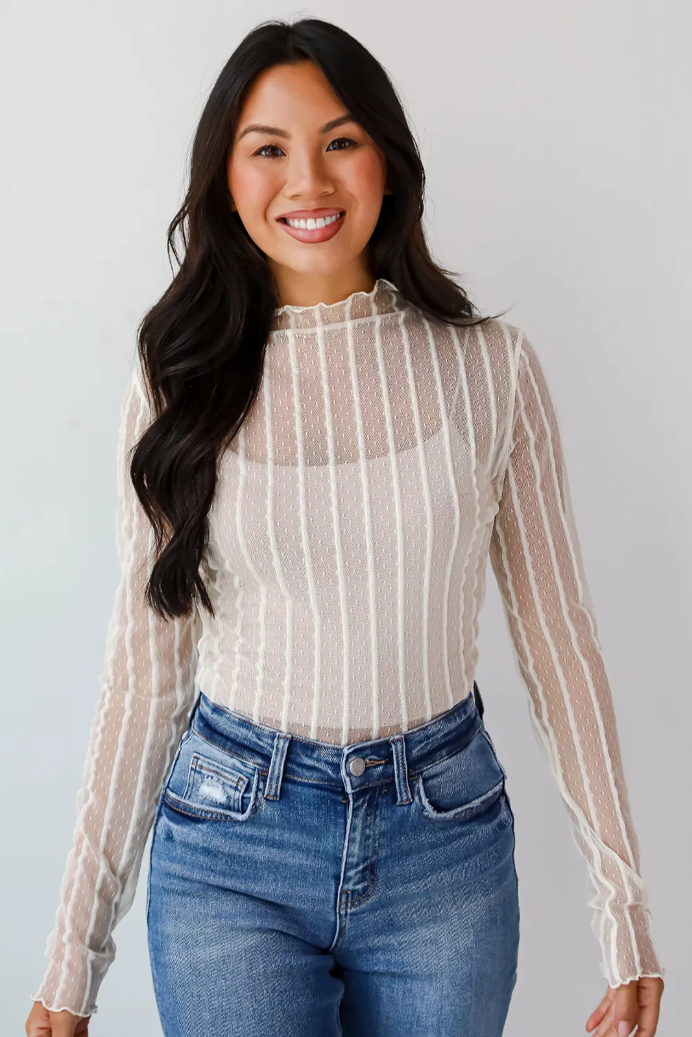 Jet Stream Lace Vertical Stripe Long Sleeve Mock Neck Sheer Blouse
