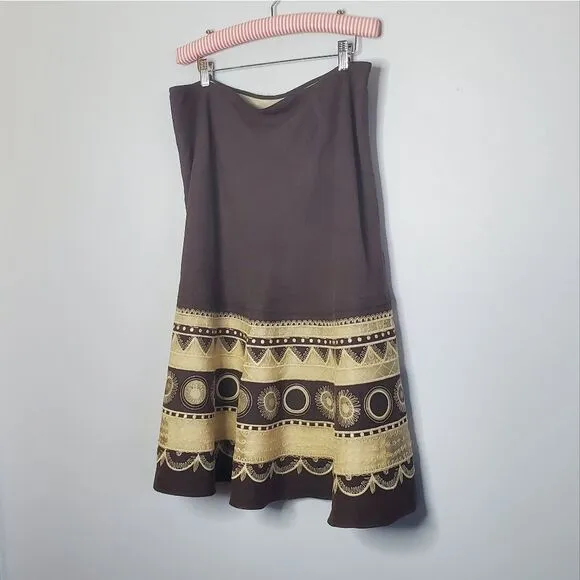 Jones New York 14 Brown Maxi Skirt Full A Line Embroidered Pattern Geometric