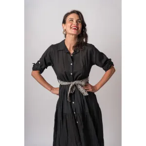 Julietta Roll Tab Sleeve Button Up Tier Dress w/ Belt