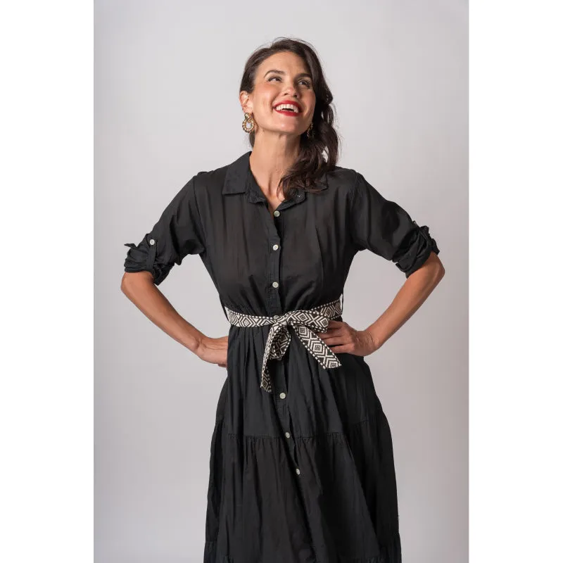 Julietta Roll Tab Sleeve Button Up Tier Dress w/ Belt