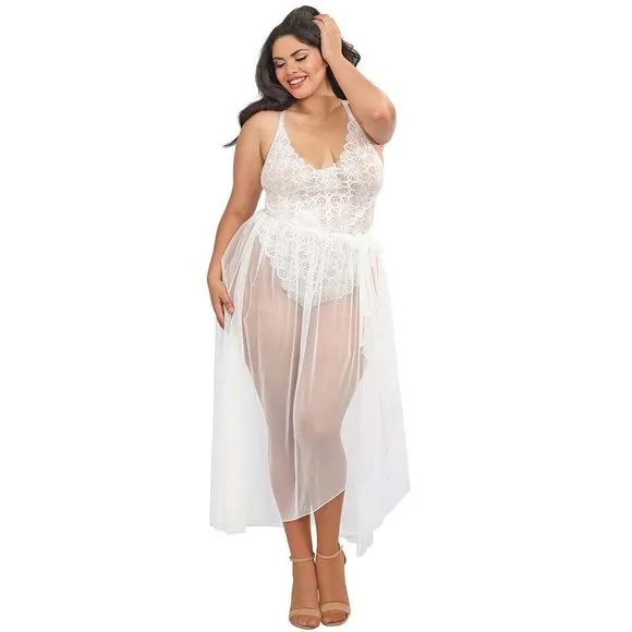 Lace Teddy and Sheer Skirt Set Womens Plus Size 2X White Bodysuit Lingerie