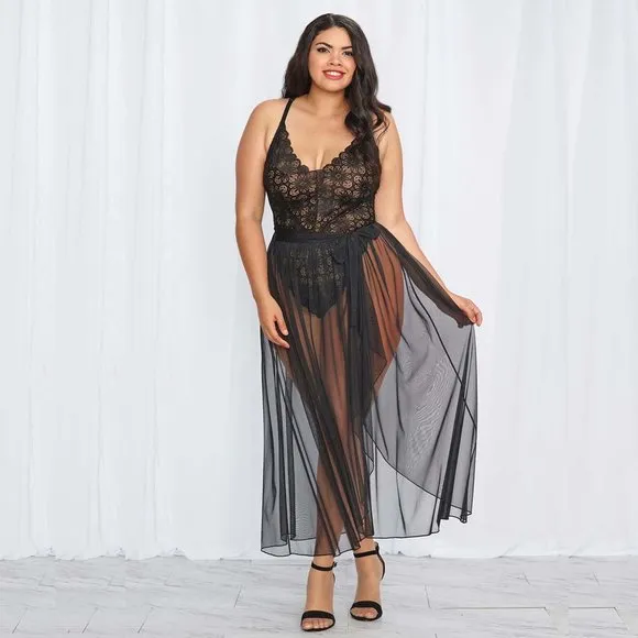 Lace Teddy and Sheer Skirt Set Womens Plus Size 2X White Bodysuit Lingerie