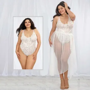 Lace Teddy and Sheer Skirt Set Womens Plus Size 2X White Bodysuit Lingerie