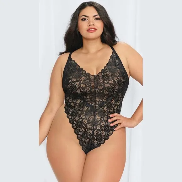 Lace Teddy and Sheer Skirt Set Womens Plus Size 2X White Bodysuit Lingerie