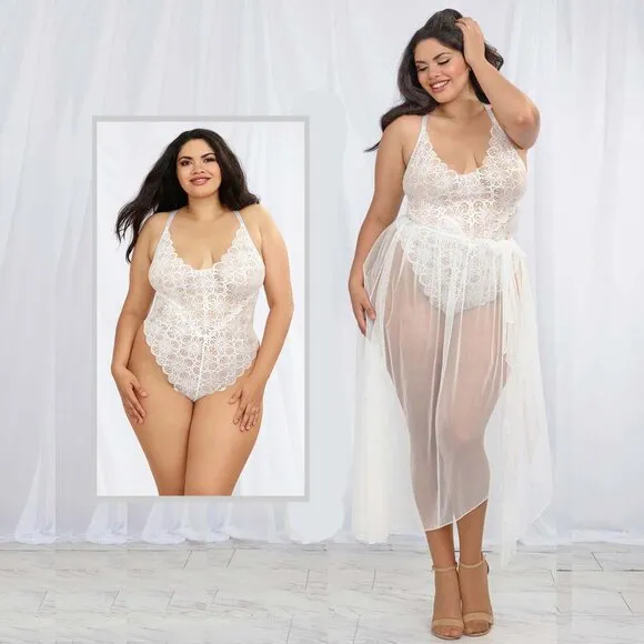 Lace Teddy and Sheer Skirt Set Womens Plus Size 2X White Bodysuit Lingerie