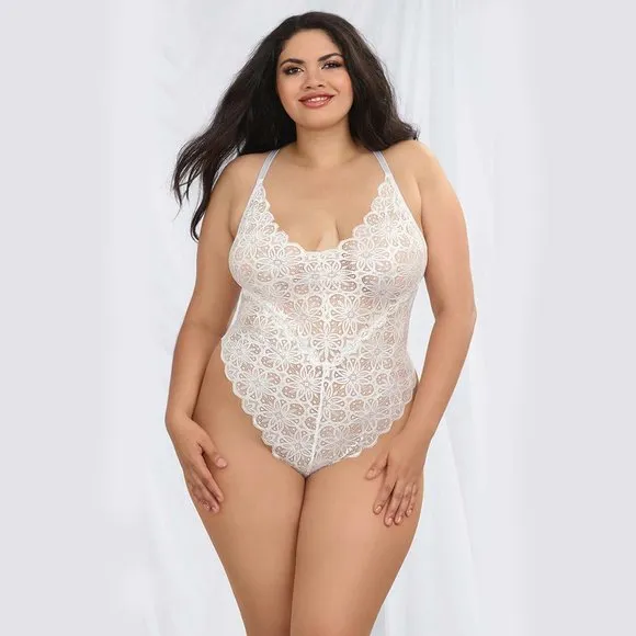 Lace Teddy and Sheer Skirt Set Womens Plus Size 2X White Bodysuit Lingerie