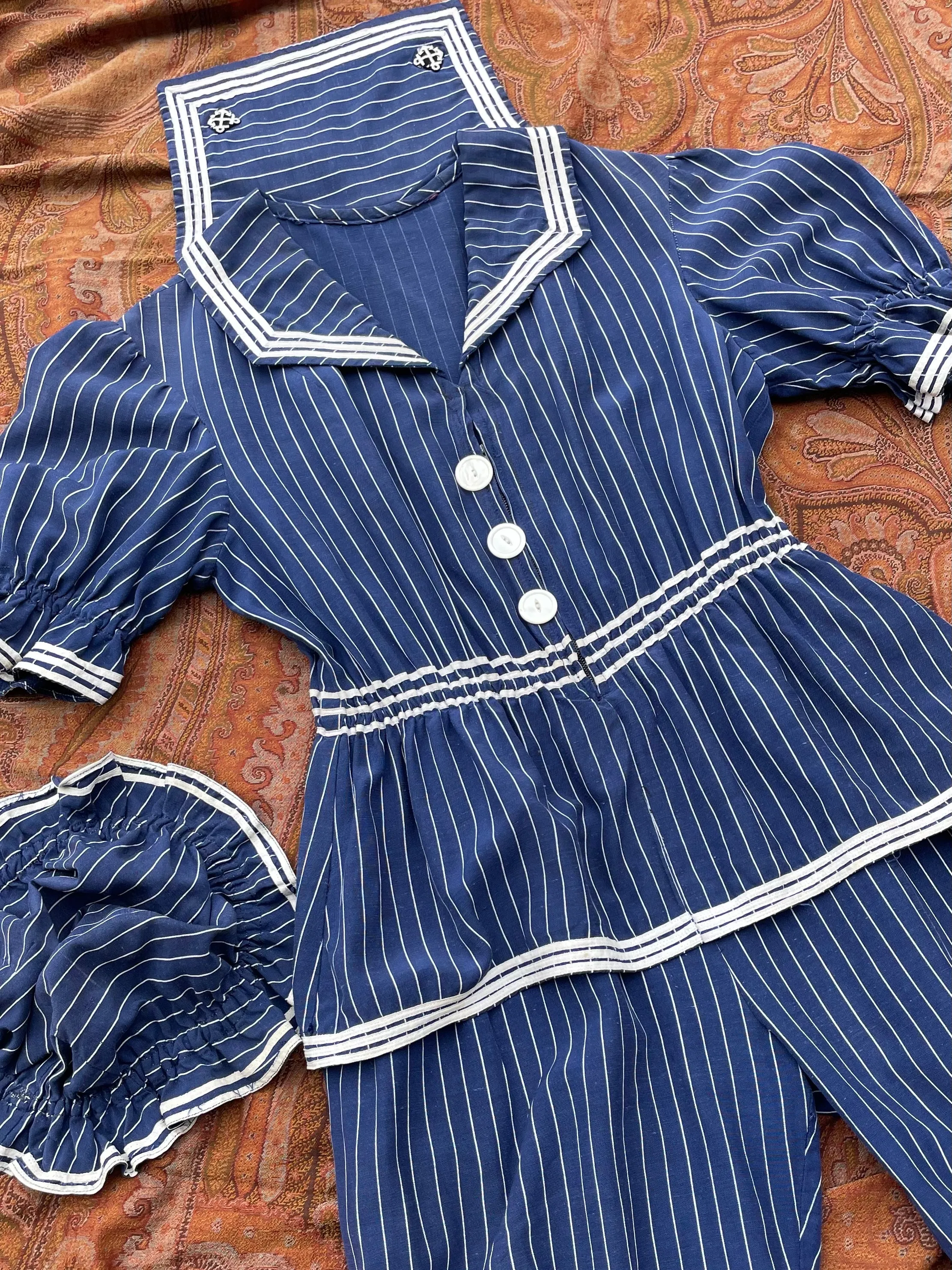 Late 1800s Striped Swimsuit Made Circa 1930s-2 Piece Jumpsuit   Hat