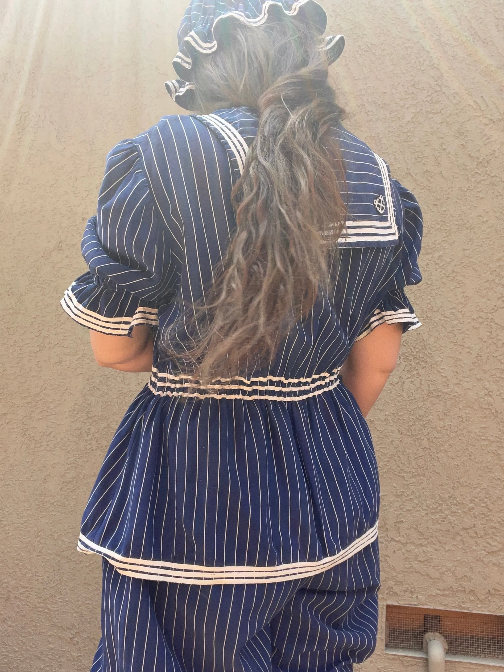 Late 1800s Striped Swimsuit Made Circa 1930s-2 Piece Jumpsuit   Hat