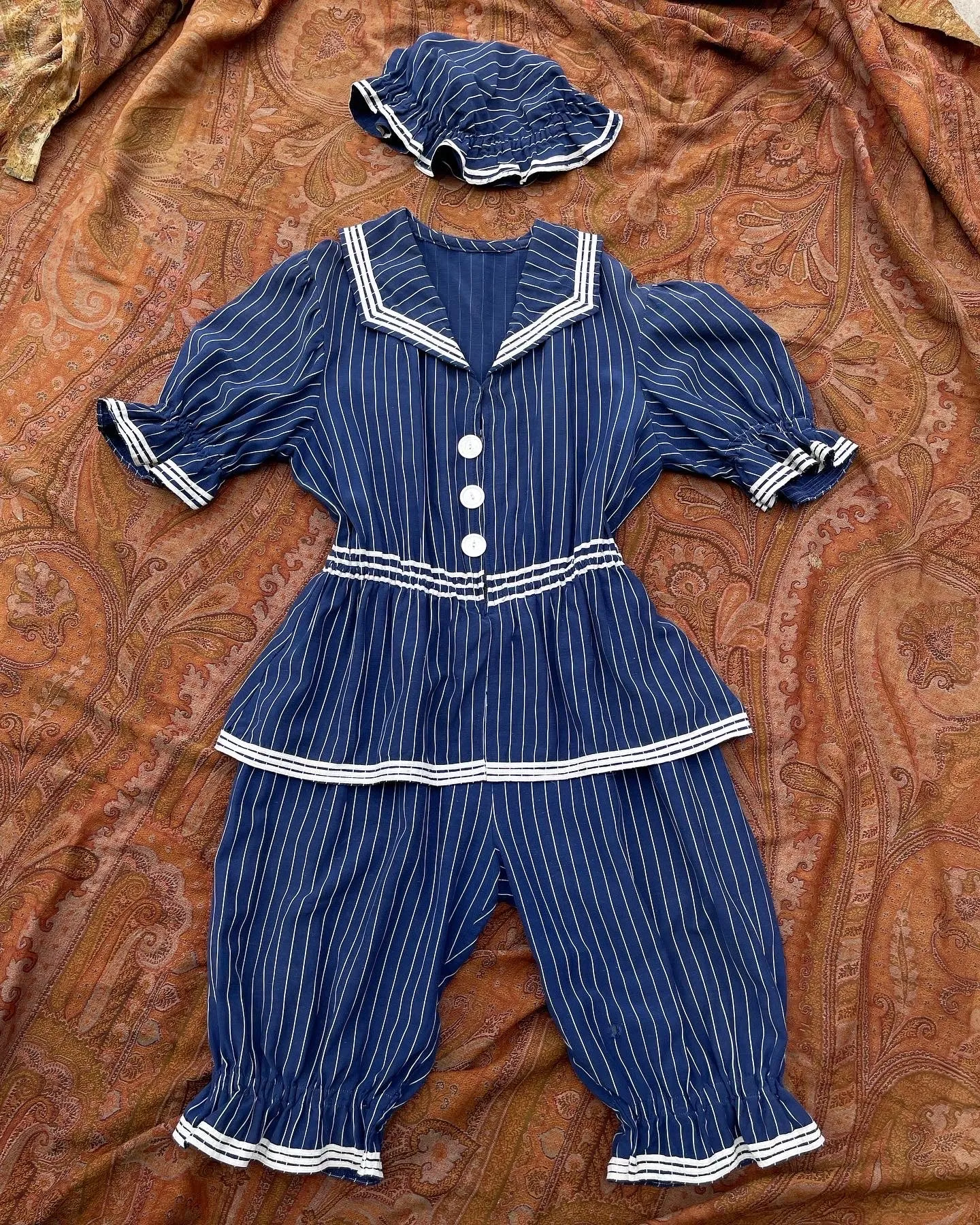 Late 1800s Striped Swimsuit Made Circa 1930s-2 Piece Jumpsuit   Hat