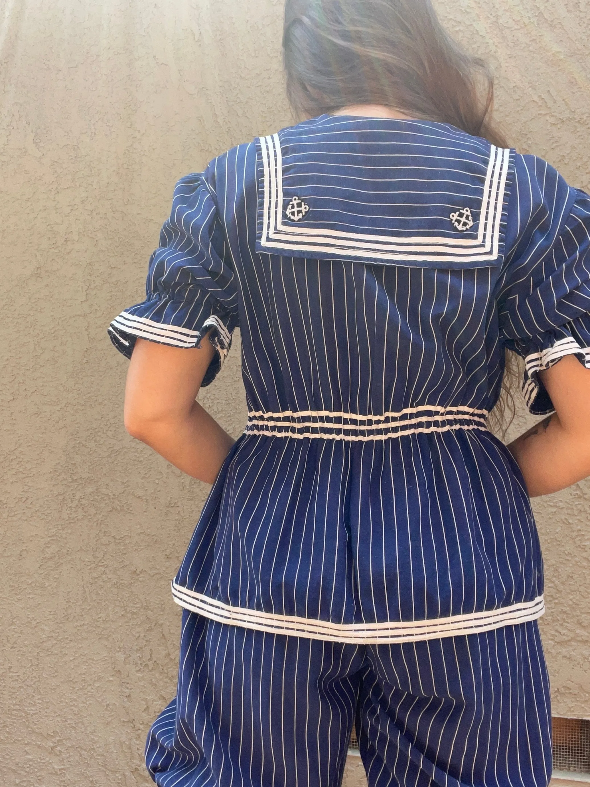 Late 1800s Striped Swimsuit Made Circa 1930s-2 Piece Jumpsuit   Hat