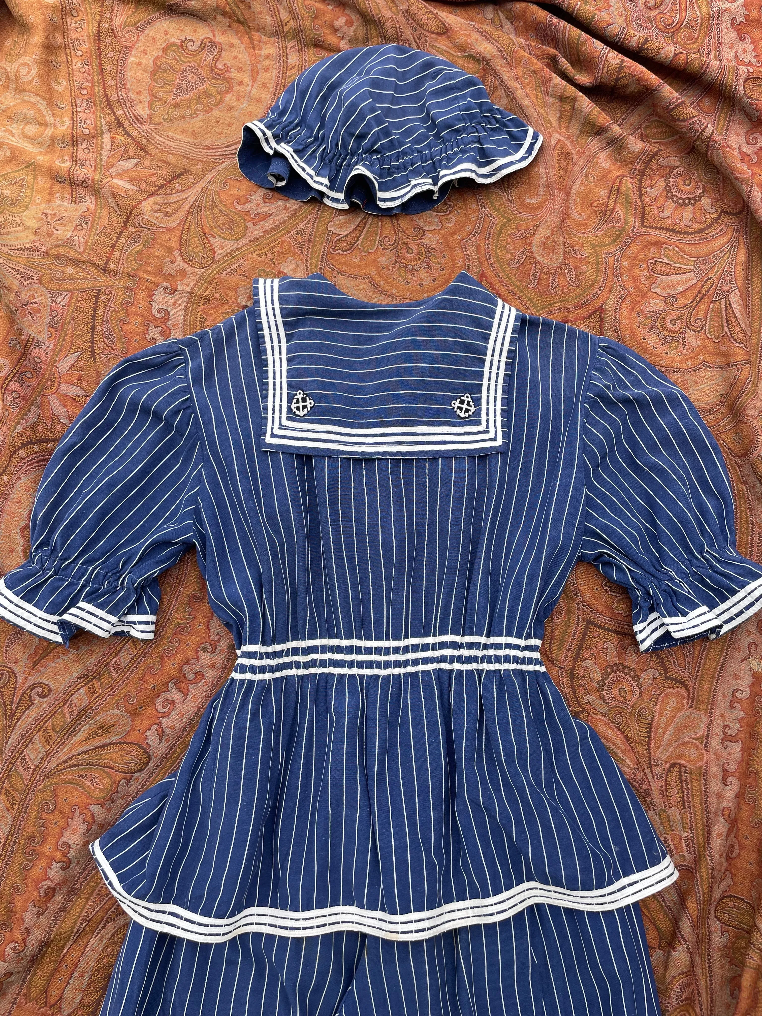 Late 1800s Striped Swimsuit Made Circa 1930s-2 Piece Jumpsuit   Hat