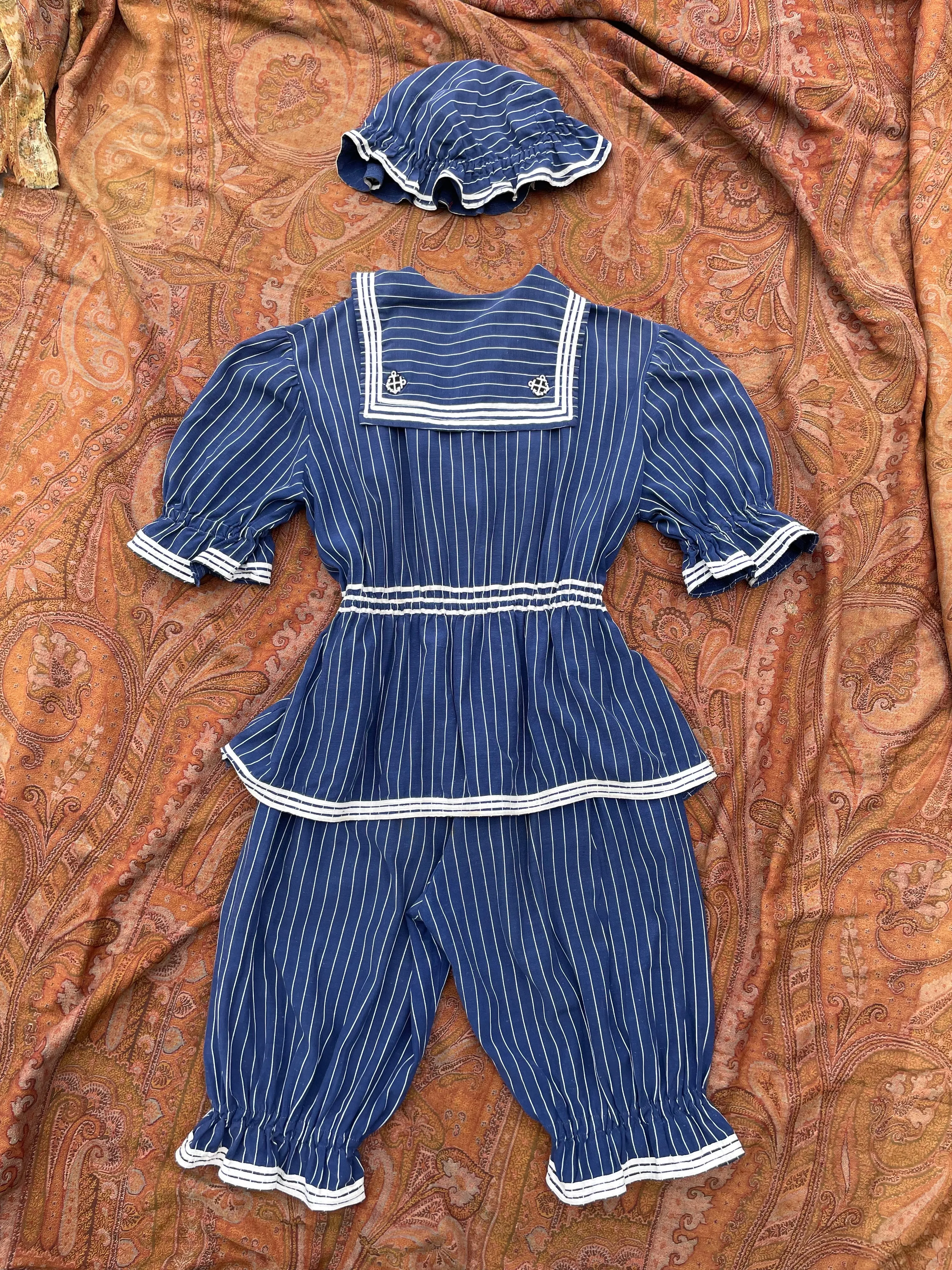 Late 1800s Striped Swimsuit Made Circa 1930s-2 Piece Jumpsuit   Hat