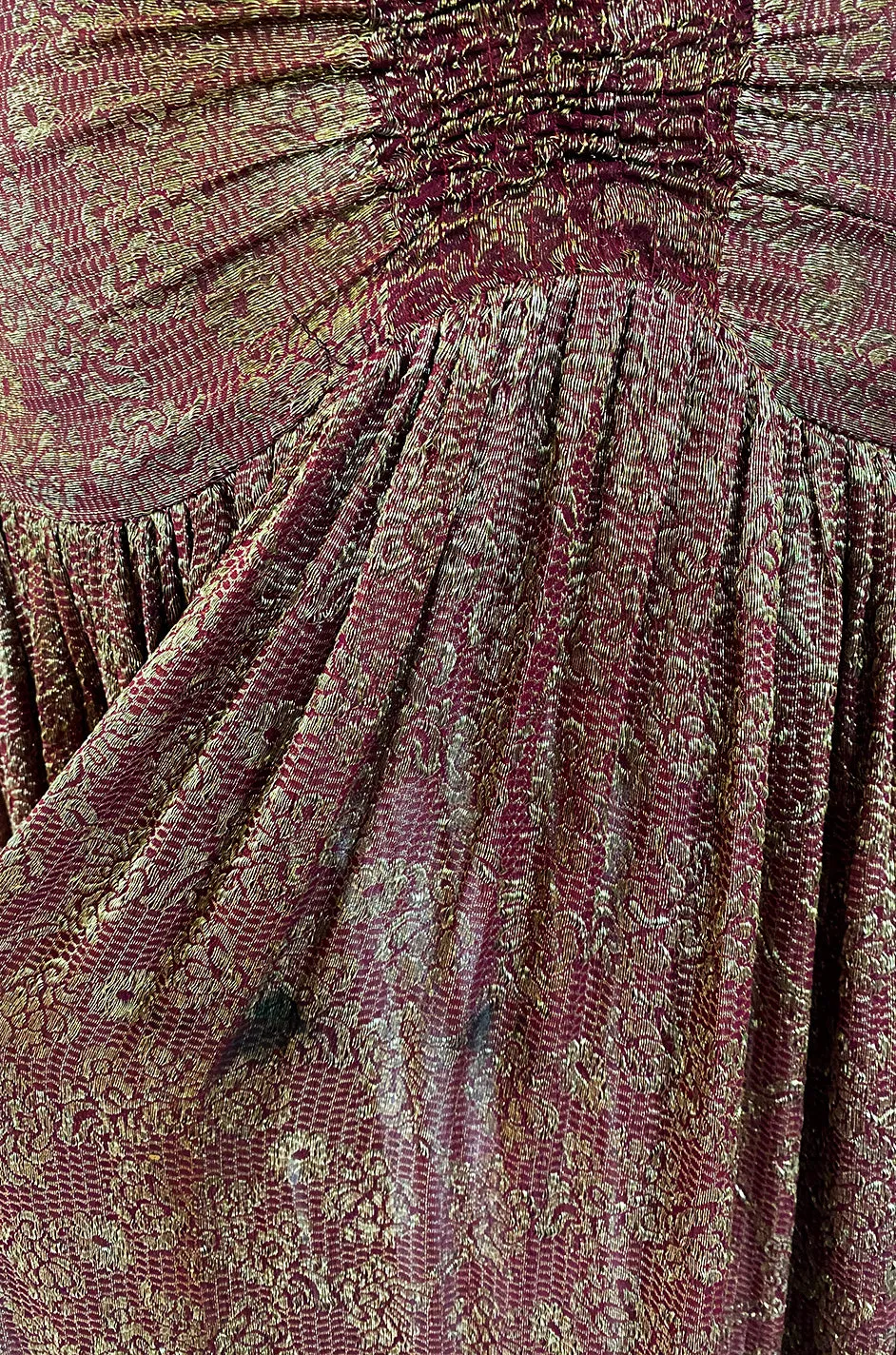Late 1920s Unlabeled Gold Metallic Lame Thread Mixed w Deep Burgundy Silk Deep Plunge Dress