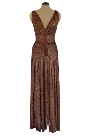 Late 1920s Unlabeled Gold Metallic Lame Thread Mixed w Deep Burgundy Silk Deep Plunge Dress