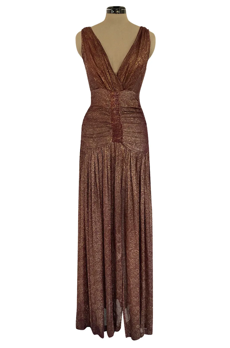 Late 1920s Unlabeled Gold Metallic Lame Thread Mixed w Deep Burgundy Silk Deep Plunge Dress