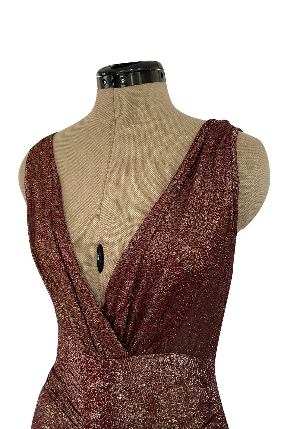 Late 1920s Unlabeled Gold Metallic Lame Thread Mixed w Deep Burgundy Silk Deep Plunge Dress