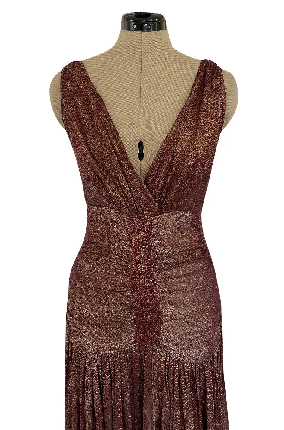 Late 1920s Unlabeled Gold Metallic Lame Thread Mixed w Deep Burgundy Silk Deep Plunge Dress