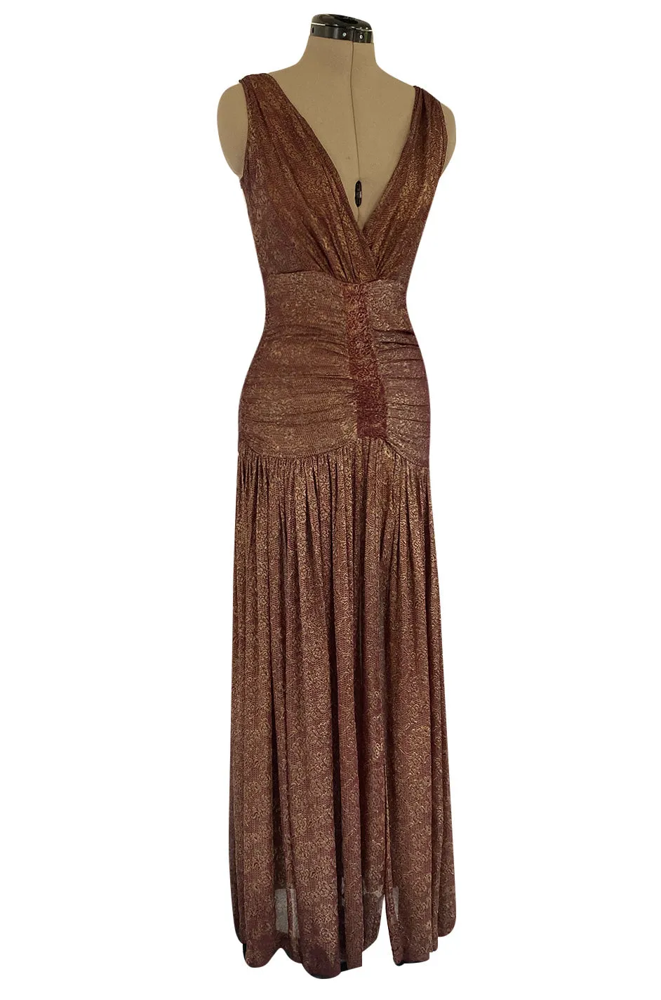 Late 1920s Unlabeled Gold Metallic Lame Thread Mixed w Deep Burgundy Silk Deep Plunge Dress