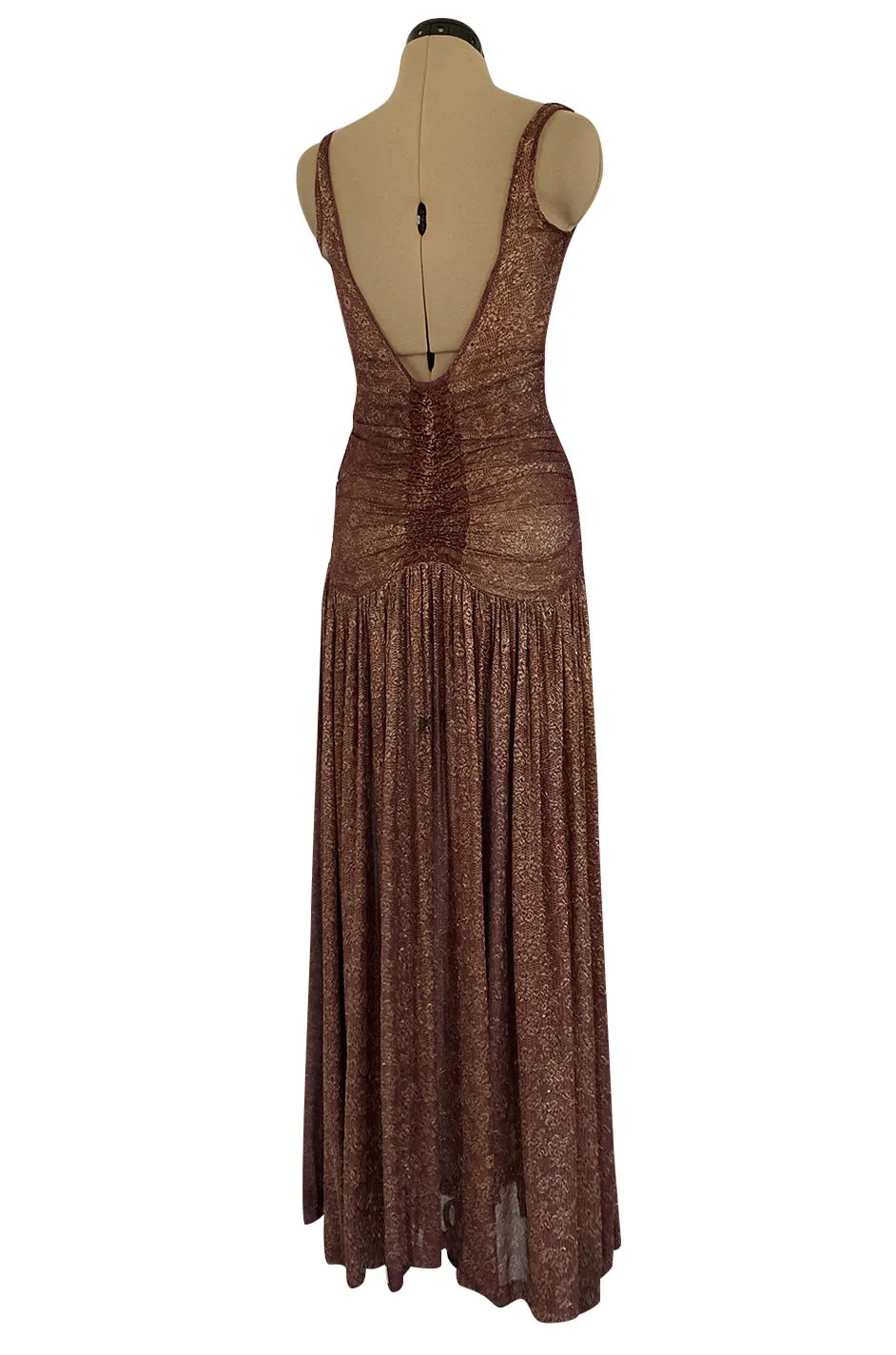 Late 1920s Unlabeled Gold Metallic Lame Thread Mixed w Deep Burgundy Silk Deep Plunge Dress