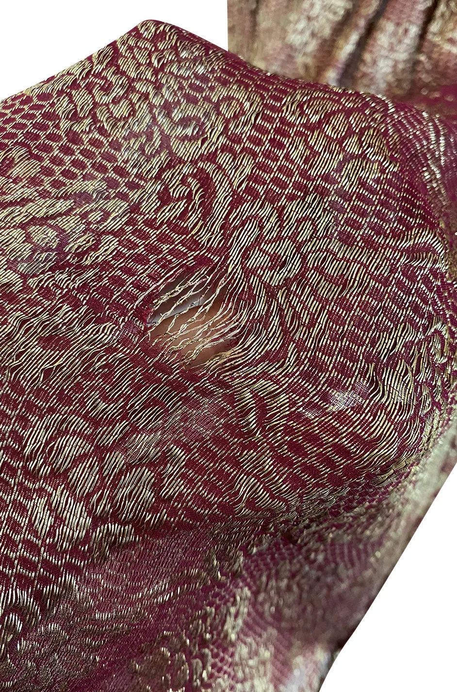 Late 1920s Unlabeled Gold Metallic Lame Thread Mixed w Deep Burgundy Silk Deep Plunge Dress