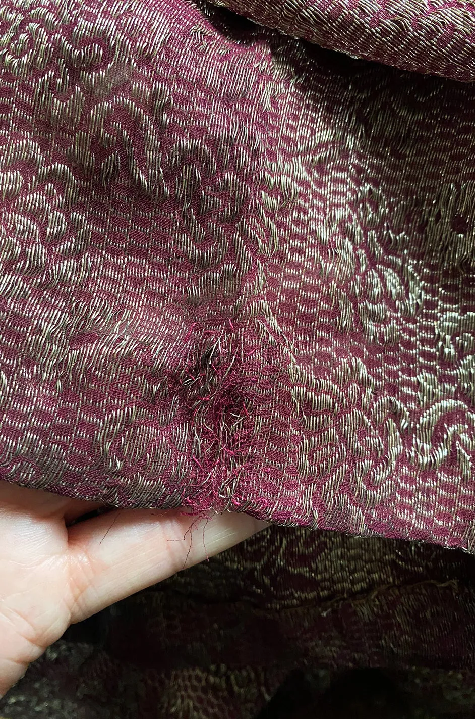 Late 1920s Unlabeled Gold Metallic Lame Thread Mixed w Deep Burgundy Silk Deep Plunge Dress