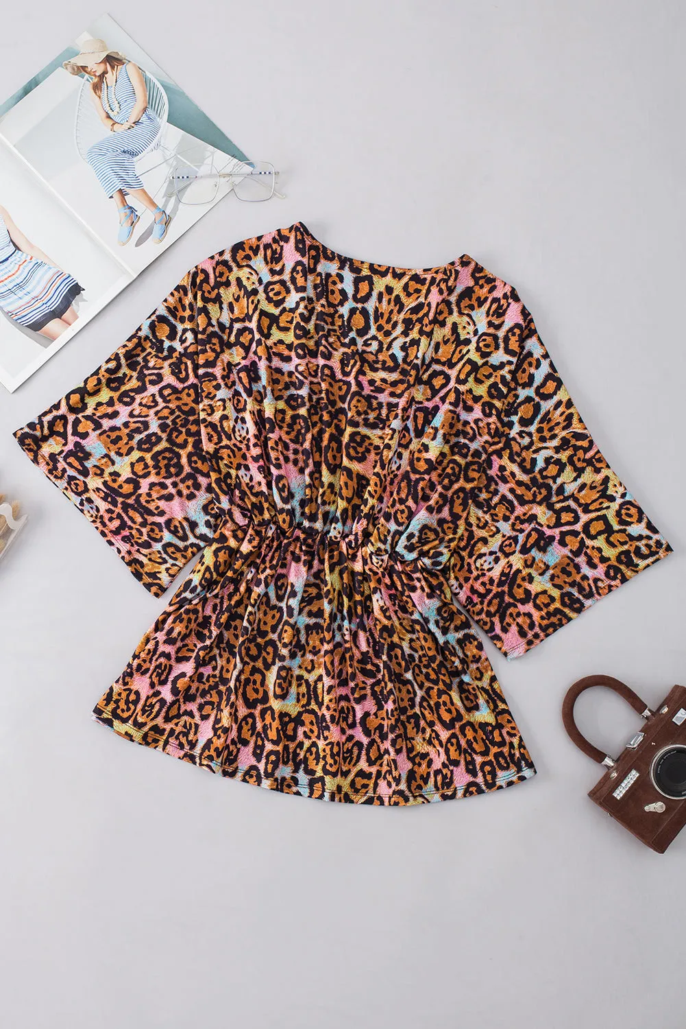 Leopard Print Wide Sleeve Peplum Hem Blouse