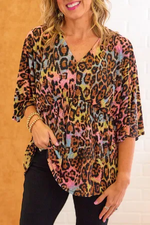 Leopard Print Wide Sleeve Peplum Hem Blouse