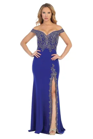 LF 7560 - Off the Shoulder Fit & Flare Prom Gown with Embroidered Sweetheart Neck Bodice & Embroidered Leg Slit