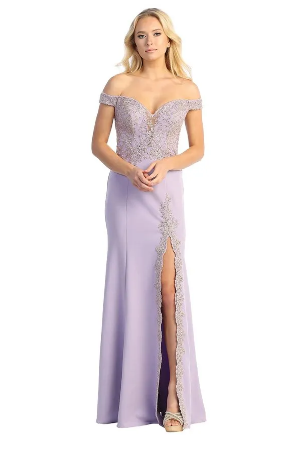 LF 7560 - Off the Shoulder Fit & Flare Prom Gown with Embroidered Sweetheart Neck Bodice & Embroidered Leg Slit
