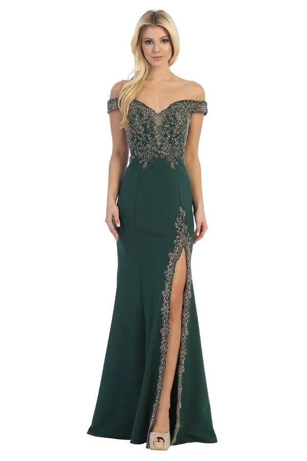 LF 7560 - Off the Shoulder Fit & Flare Prom Gown with Embroidered Sweetheart Neck Bodice & Embroidered Leg Slit