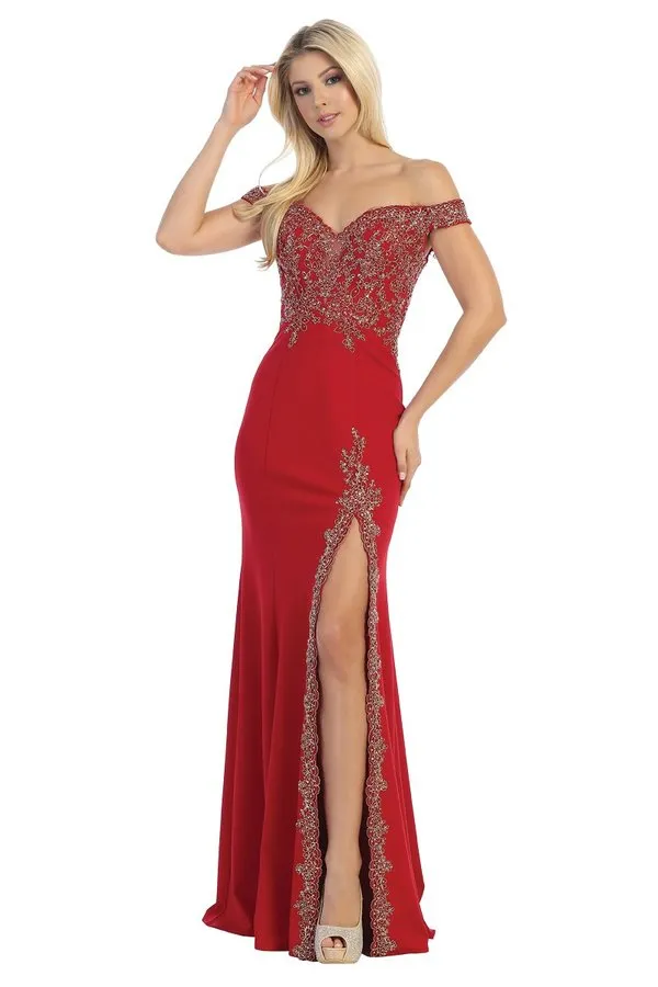 LF 7560 - Off the Shoulder Fit & Flare Prom Gown with Embroidered Sweetheart Neck Bodice & Embroidered Leg Slit