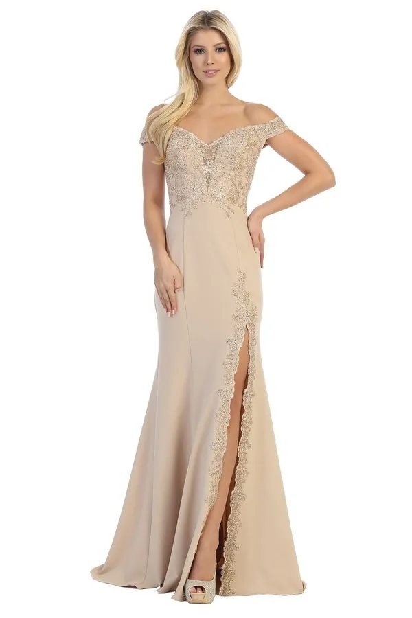 LF 7560 - Off the Shoulder Fit & Flare Prom Gown with Embroidered Sweetheart Neck Bodice & Embroidered Leg Slit