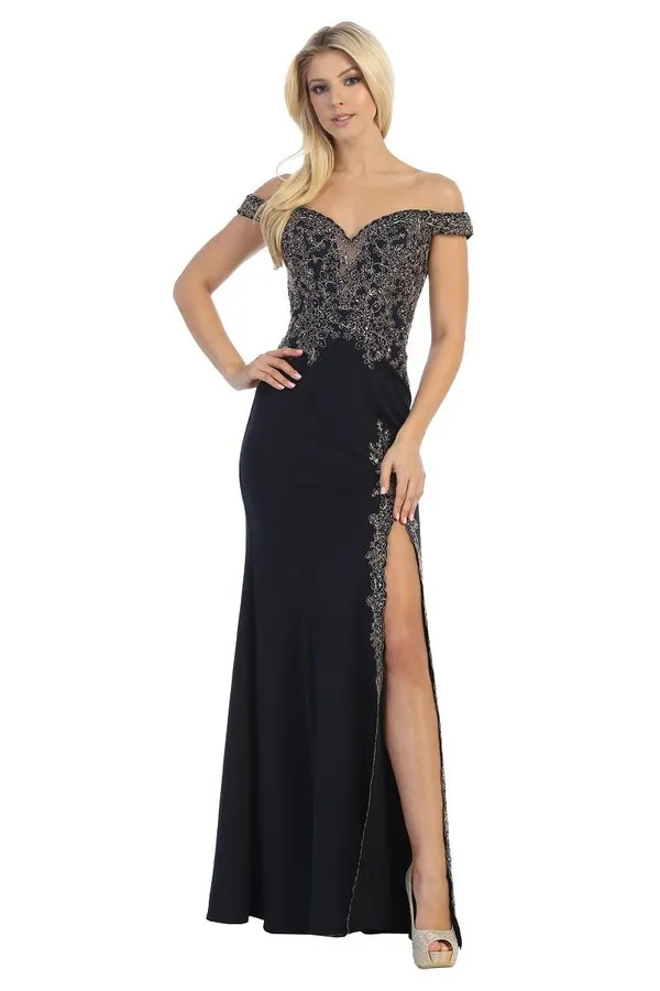 LF 7560 - Off the Shoulder Fit & Flare Prom Gown with Embroidered Sweetheart Neck Bodice & Embroidered Leg Slit