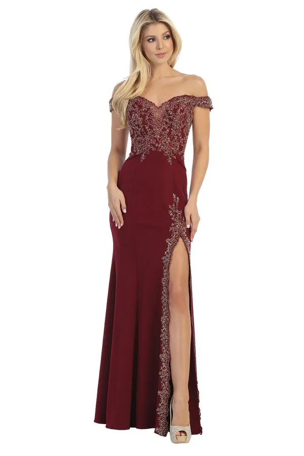 LF 7560 - Off the Shoulder Fit & Flare Prom Gown with Embroidered Sweetheart Neck Bodice & Embroidered Leg Slit