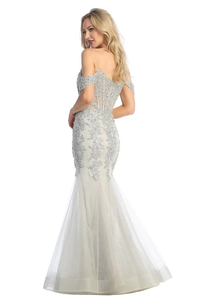 LF 7733 - Beaded Lace Embellished Fit & Flare Prom Gown with Sheer Corset Bodice & Tulle Skirt