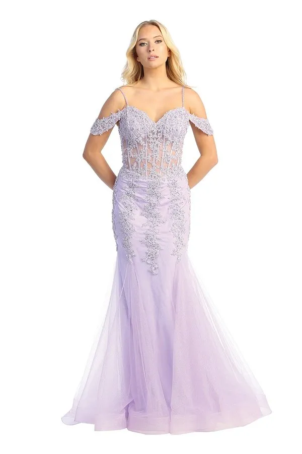 LF 7733 - Beaded Lace Embellished Fit & Flare Prom Gown with Sheer Corset Bodice & Tulle Skirt