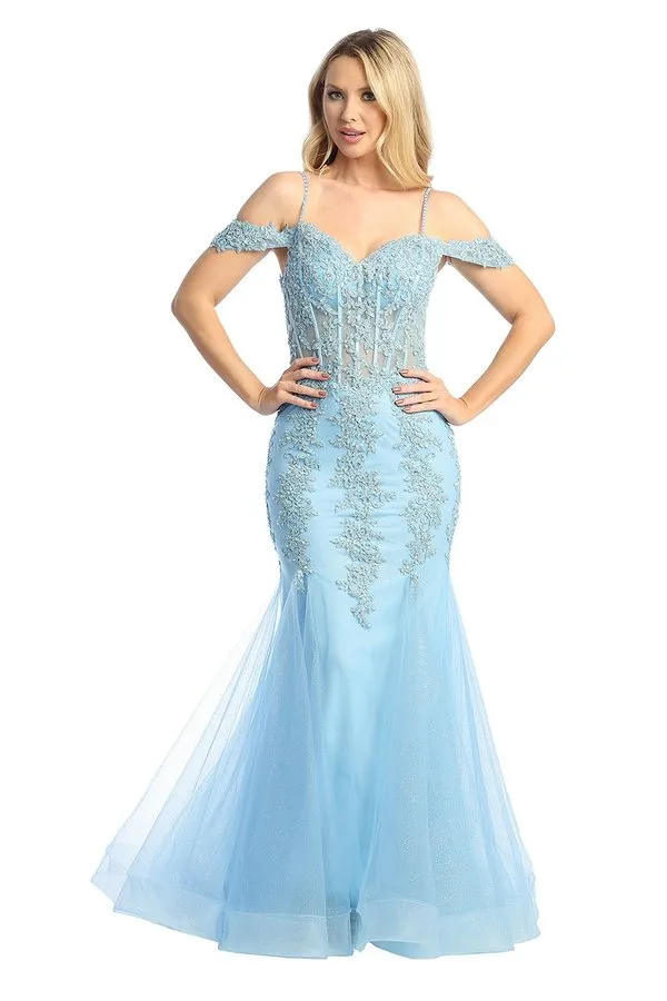 LF 7733 - Beaded Lace Embellished Fit & Flare Prom Gown with Sheer Corset Bodice & Tulle Skirt