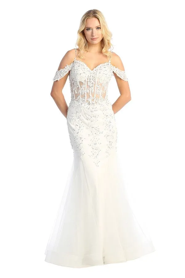 LF 7733 - Beaded Lace Embellished Fit & Flare Prom Gown with Sheer Corset Bodice & Tulle Skirt