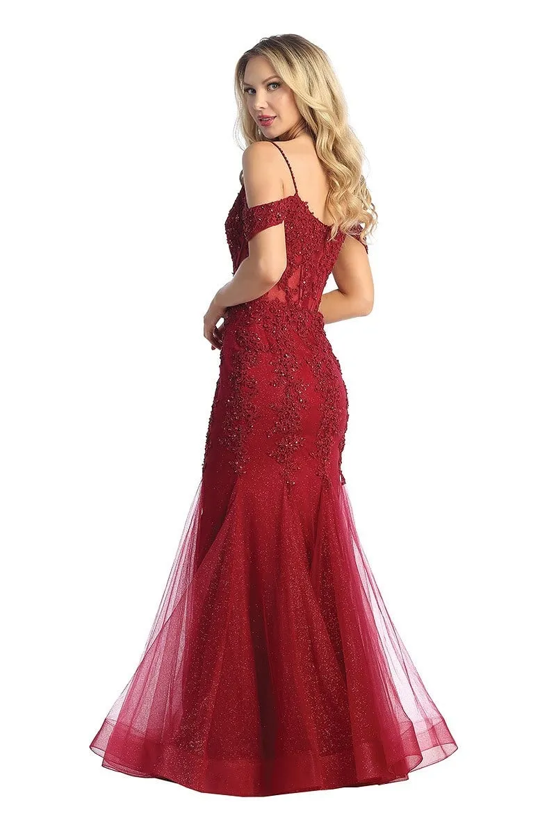 LF 7733 - Beaded Lace Embellished Fit & Flare Prom Gown with Sheer Corset Bodice & Tulle Skirt