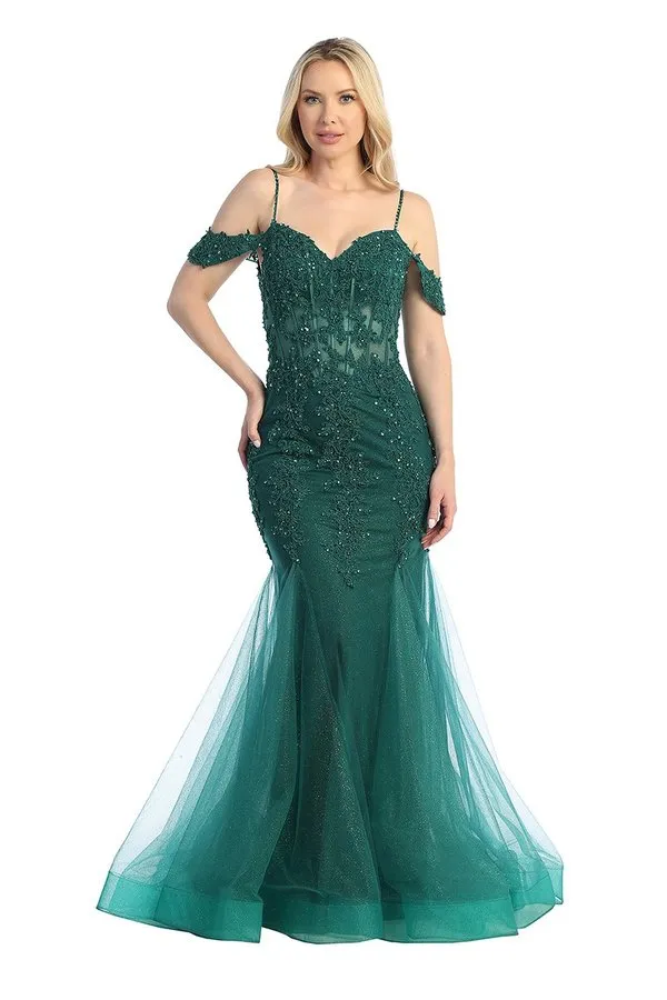 LF 7733 - Beaded Lace Embellished Fit & Flare Prom Gown with Sheer Corset Bodice & Tulle Skirt