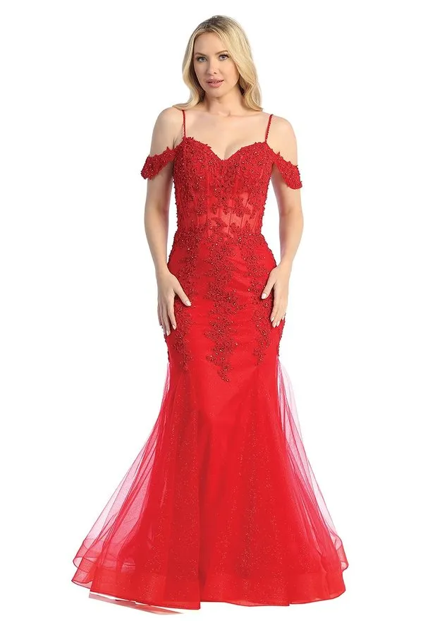 LF 7733 - Beaded Lace Embellished Fit & Flare Prom Gown with Sheer Corset Bodice & Tulle Skirt